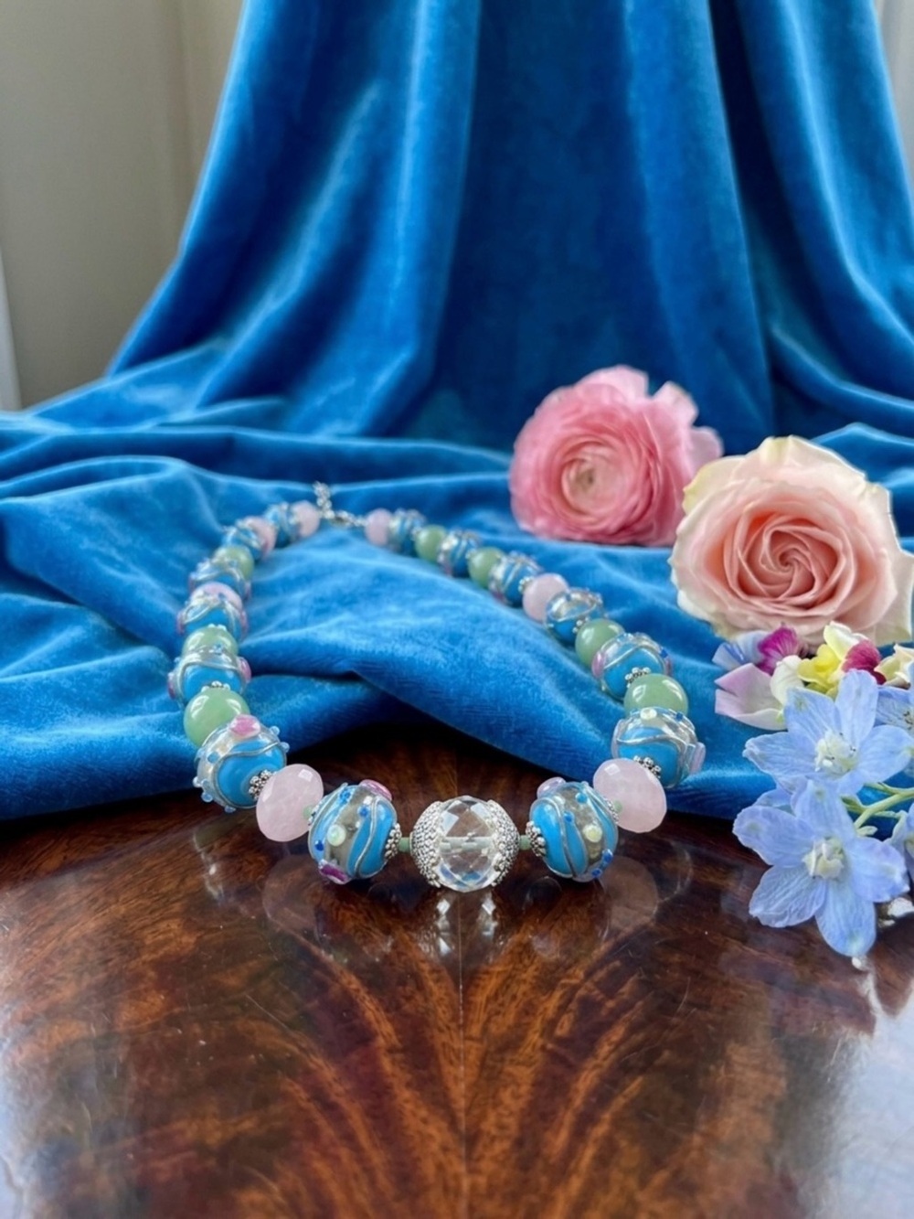 Aprilsplace Hand Knotted Necklace Blue Wedding Cake Pink Jade Aventurine 22” NWT - Picture 3 of 6